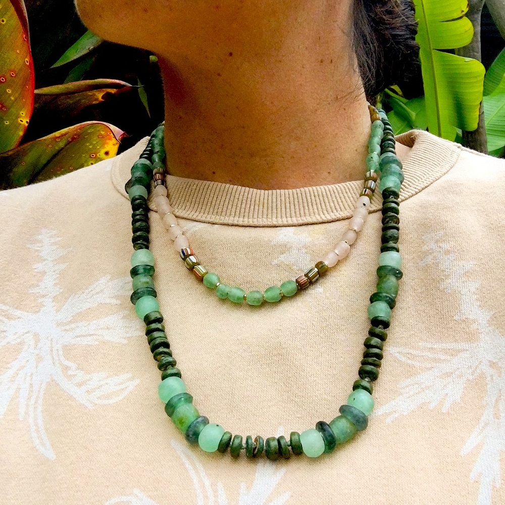 Teal and Green Recycled Glass Bead and Coconut Handmade Necklace